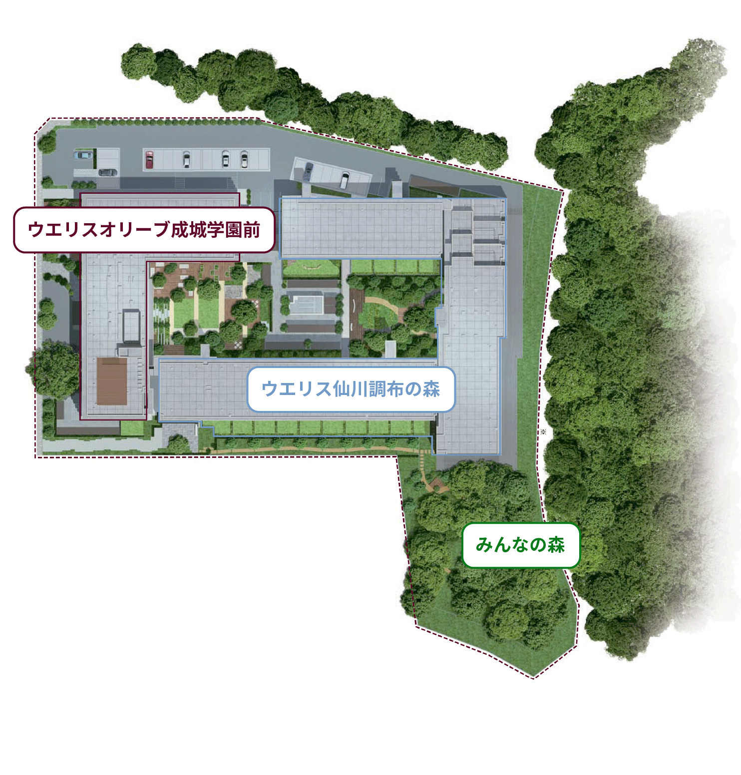 ウエリスオリーブ成城学園前 ウエリス仙川調布の森 みんなの森 ※森は空撮写真（2017年4月撮影）の森をCG加工・合成したもの