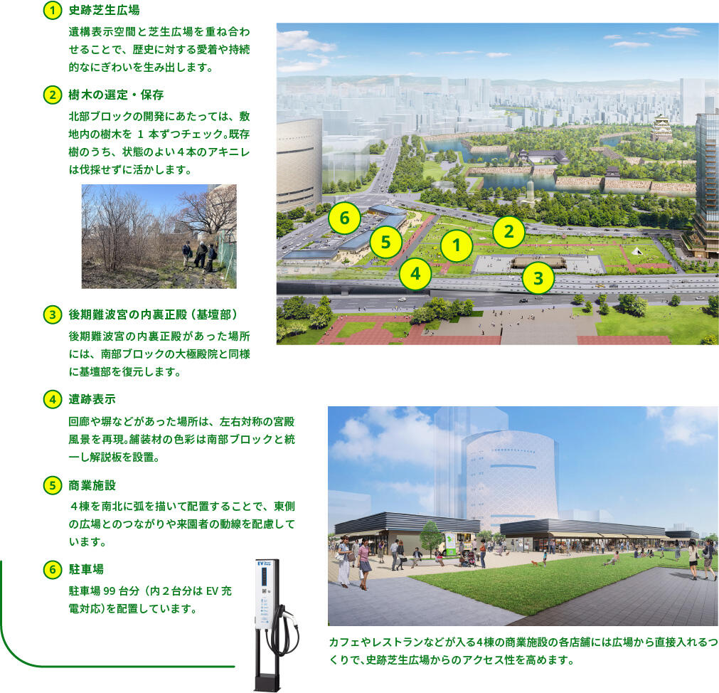 ①史跡芝生広場 遺構表示空間と芝生広場を重ね合わせることで、歴史に対する愛着や持続的なにぎわいを生み出します。 ②樹木の選定・保存 北部ブロックの開発にあたっては、敷地内の樹木を1本ずつチェック。既存樹のうち、状態のよい４本のアキニレは伐採せずに活かします。 ③後期難波宮の内裏正殿（基壇部） 後期難波宮の内裏正殿があった場所には、南部ブロックの大極殿院と同様に基壇部を復元します。 ④遺跡表示 回廊や塀などがあった場所は、左右対称の宮殿風景を再現。舗装材の色彩は南部ブロックと統一し解説板を設置。 ⑤商業施設 ４棟を南北に弧を描いて配置することで、東側の広場とのつながりや来園者の動線を配慮しています。 ⑥駐車場 駐車場99台分（内２台分はEV充電対応）を配置しています。 カフェやレストランなどが入る4棟の商業施設の各店舗には広場から直接入れるつくりで、史跡芝生広場からのアクセス性を高めます。
