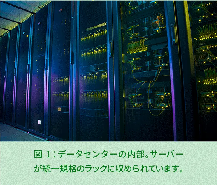 図-1：データセンターの内部。サーバーが統一規格のラックに収められています。