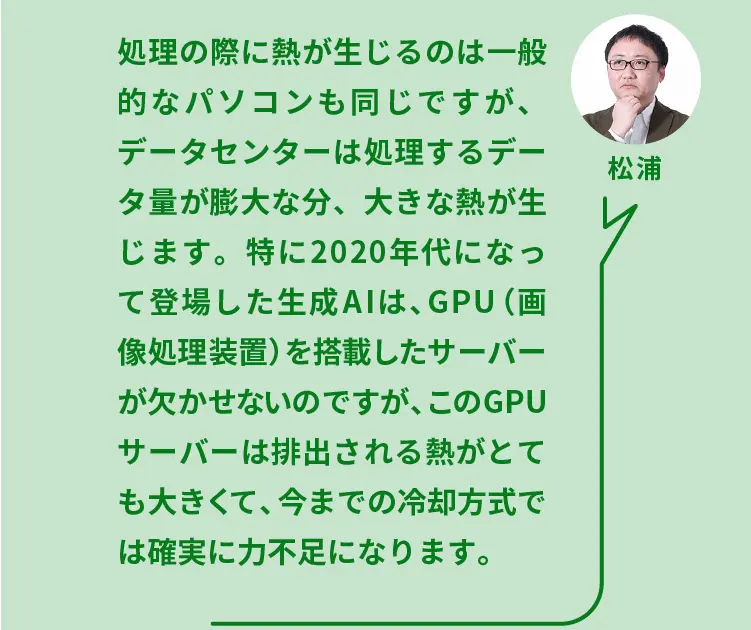 松浦	処理の際に熱が生じるのは一般的なパソコンも同じですが、データセンターは処理するデータ量が膨大な分、大きな熱が生じます。特に2020年代になって登場した生成AIは、GPU（画像処理装置）を搭載したサーバーが欠かせないのですが、このGPUサーバーは排出される熱がとても大きくて、今までの冷却方式では確実に力不足になります。