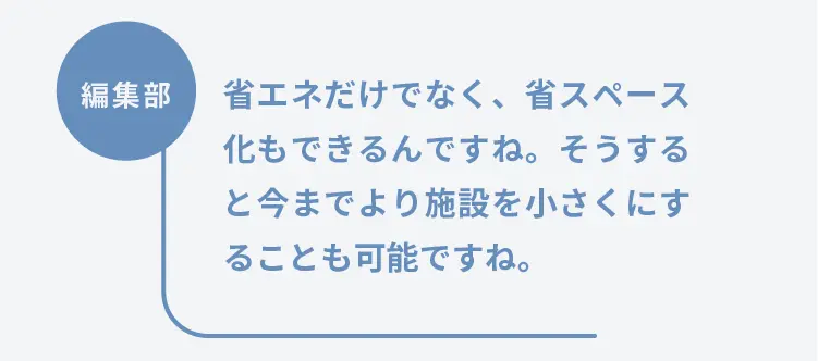 編集部	省エネだけでなく、省スペース化もできるんですね。そうすると今までより施設を小さくにすることも可能ですね。