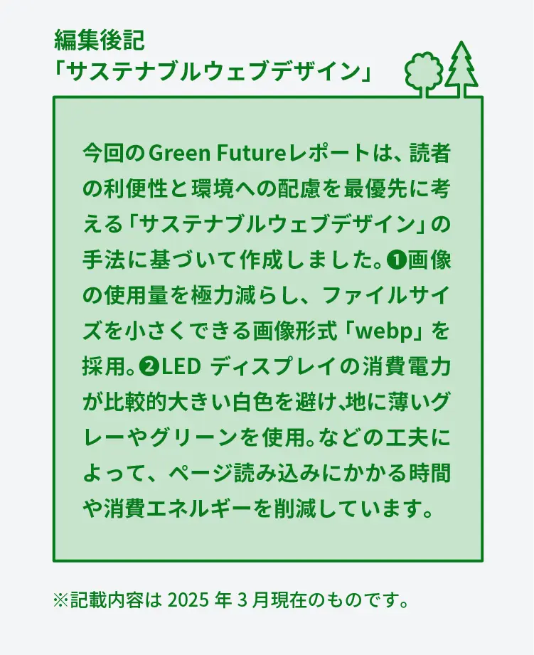 編集後記「サステナブルウェブデザイン」	今回のGreen Futureレポートは、読者の利便性と環境への配慮を最優先に考える「サステナブルウェブデザイン」の手法に基づいて作成しました。①画像の使用量を極力減らし、ファイルサイズを小さくできる画像形式「webp」を採用。②LEDディスプレイの消費電力が比較的大きい白色を避け、地に薄いグレーやグリーンを使用。などの工夫によって、ページ読み込みにかかる時間や消費エネルギーを削減しています。	※記載内容は2025年3月現在のものです。