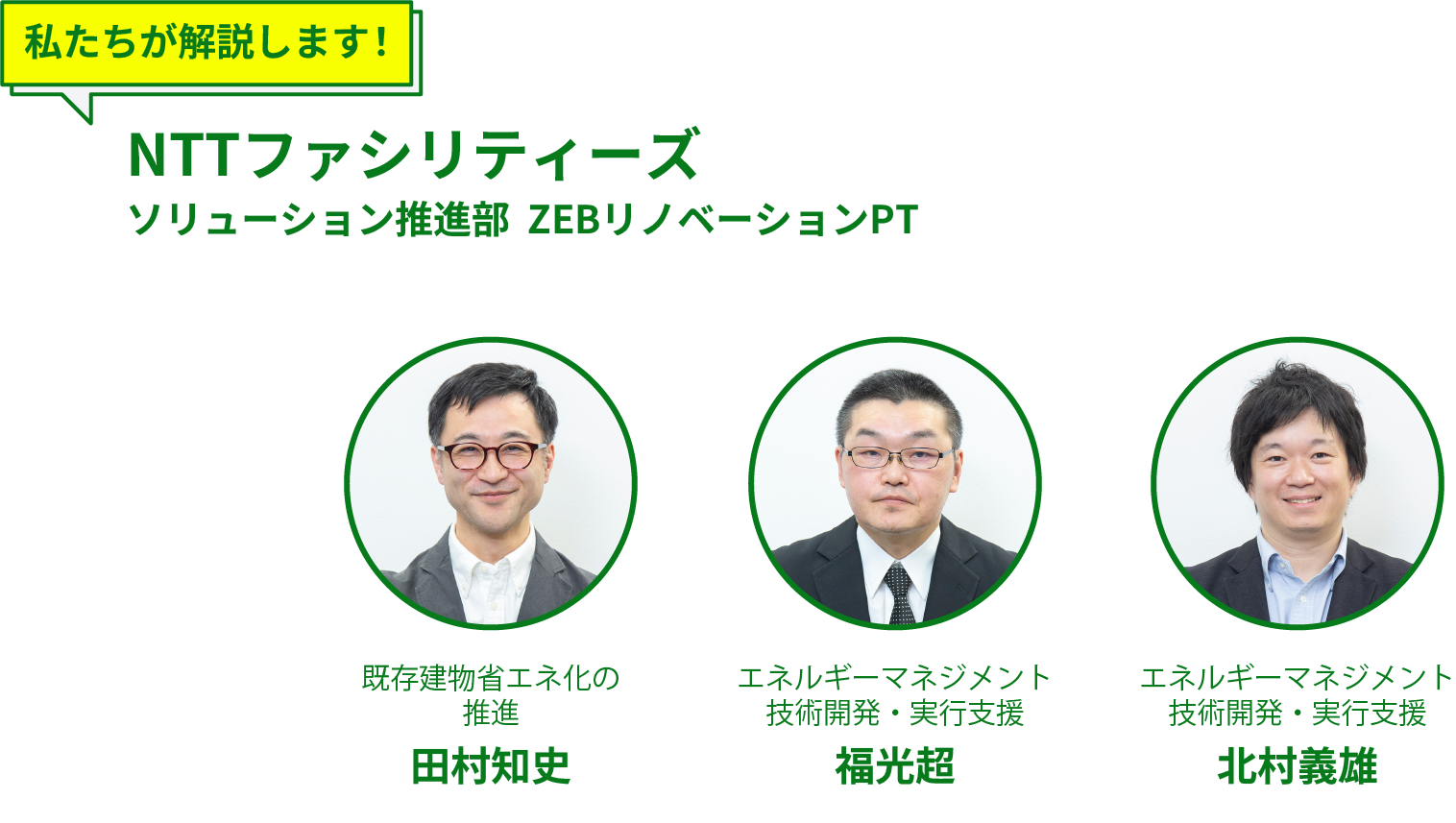 「私たちが解説します」NTTファシリティーズ ソリューション推進部 ZEBリノベーションPT  既存建物省エネ化の推進 田村知史氏、エネルギーマネジメント技術開発・実行支援 福光超氏、エネルギーマネジメント技術開発・実行支援 北村義雄氏