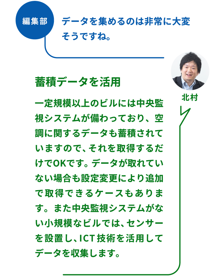 編集部：データを集めるのは非常に大変そうですね。　NTTファシリティーズ ソリューション推進部  ZEBリノベーションPT 北村氏「蓄積データを活用」一定規模以上のビルには中央監視システムが備わっており、空調に関するデータも蓄積されていますので、それを取得するだけでOKです。データが取れていない場合も設定変更により追加で取得できるケースもあります。また中央監視システムがない小規模なビルでは、センサーを設置し、ICT技術を活用してデータを収集します。