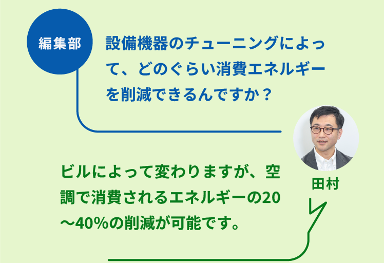 編集部：設備機器のチューニングによって、どのぐらい消費エネルギーを削減できるんですか？NTTファシリティーズ ソリューション推進部  ZEBリノベーションPT 田村氏：ビルによって変わりますが、空調で消費されるエネルギーの20～40％の削減が可能です。