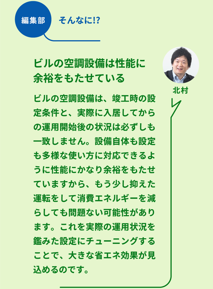 編集部：そんなに!?　NTTファシリティーズ ソリューション推進部  ZEBリノベーションPT 北村氏：「ビルの空調設備は性能に余裕をもたせている」ビルの空調設備は、竣工時の設定条件と、実際に入居してからの運用開始後の状況は必ずしも一致しません。設備自体も設定も多様な使い方に対応できるように性能にかなり余裕をもたせていますから、もう少し抑えた運転をして消費エネルギーを減らしても問題ない可能性があります。これを実際の運用状況を鑑みた設定にチューニングすることで、大きな省エネ効果が見込めるのです。
