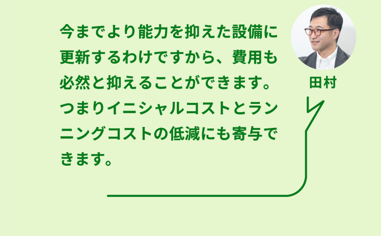 NTTファシリティーズ ソリューション推進部  ZEBリノベーションPT 田村氏：今までより能力を抑えた設備に更新するわけですから、費用も必然と抑えることができます。つまりイニシャルコストとランニングコストの低減にも寄与できます。