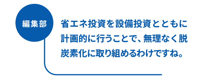 編集部：省エネ投資を設備投資とともに計画的に行うことで、無理なく脱炭素化に取り組めるわけですね。