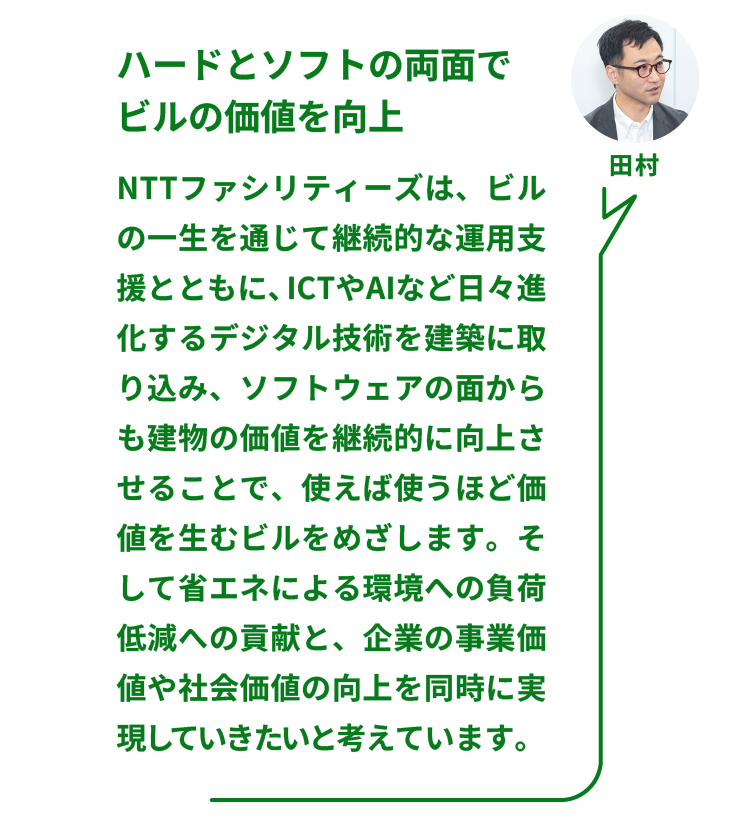 NTTファシリティーズ ソリューション推進部  ZEBリノベーションPT 田村氏：「ハードとソフトの両面でビルの価値を向上」NTTファシリティーズは、ビルの一生を通じて継続的な運用支援とともに、ICTやAIなど日々進化するデジタル技術を建築に取り込み、ソフトウェアの面からも建物の価値を継続的に向上させることで、使えば使うほど価値を生むビルをめざします。そして省エネによる環境への負荷低減への貢献と、企業の事業価値や社会価値の向上を同時に実現していきたいと考えています。