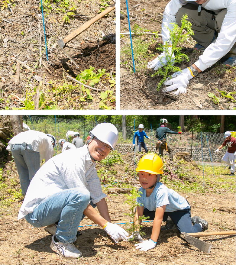 唐鍬の刃の横の部分を用いて地表の草や石などを剥いだ後、唐鍬の刃の長さ程度の深さの穴を掘ります。親子で参加した社員もおり、植樹作業を通し、楽しく学習しました